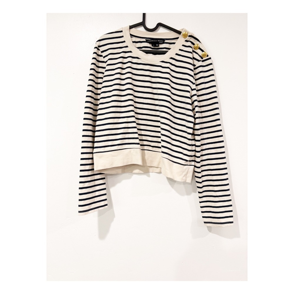 Veronica Beard Jeans Striped Cropped Long Sleeve Top Gold Button Accent Navy XL
